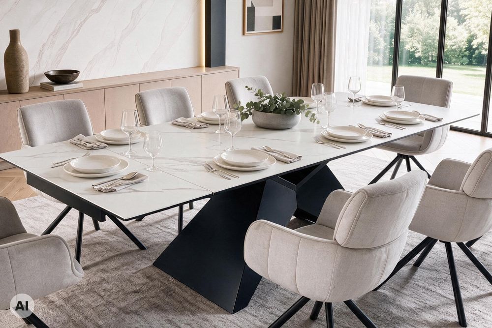 Design Esstisch DIAMOND 180-260cm matt weiß Keramik Metallgestell schwarz
