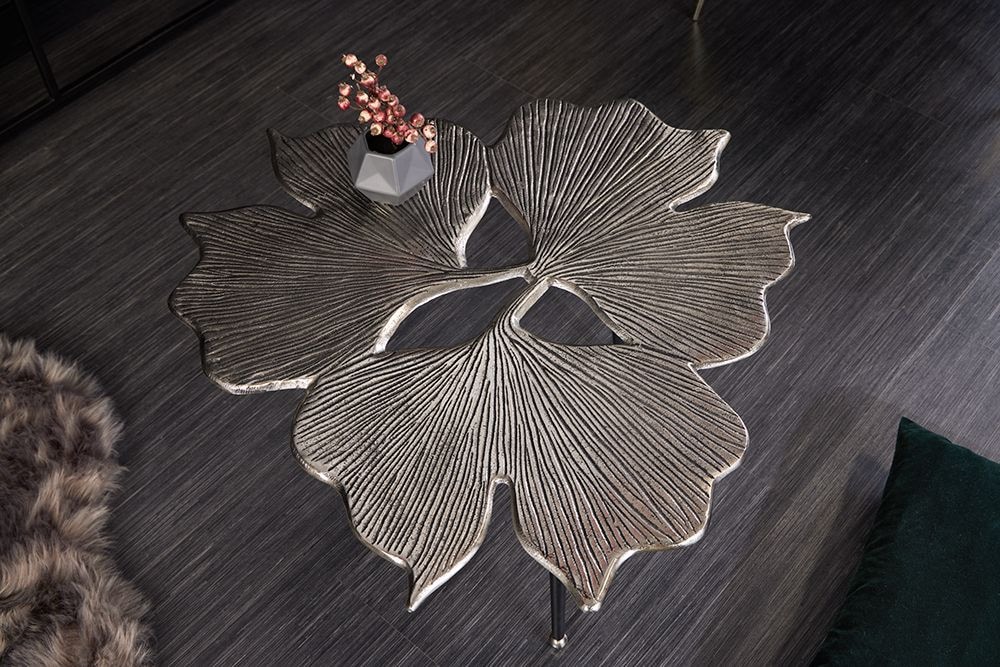 Dekorativer Couchtisch GINKGO LEAFS 75cm silber handmade Metall