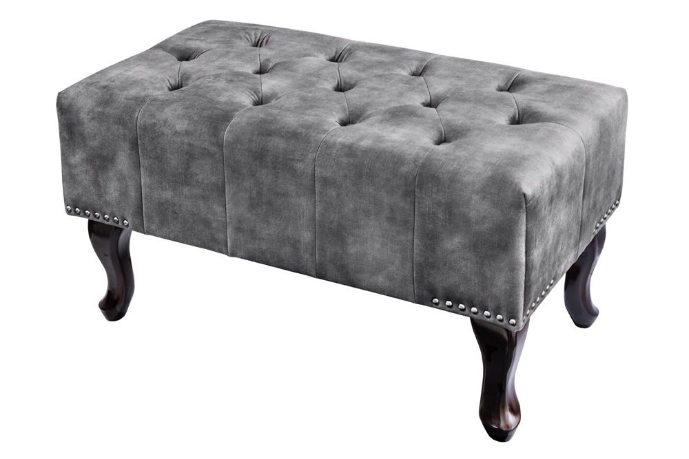 Design Sitzhocker CHESTERFIELD 80cm grau Samt Knopfheftung Nietenbesatz