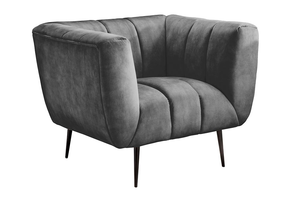 Retro Sessel NOBLESSE 105cm grau Samt schwarze Metallfüße Federkern Ziersteppung