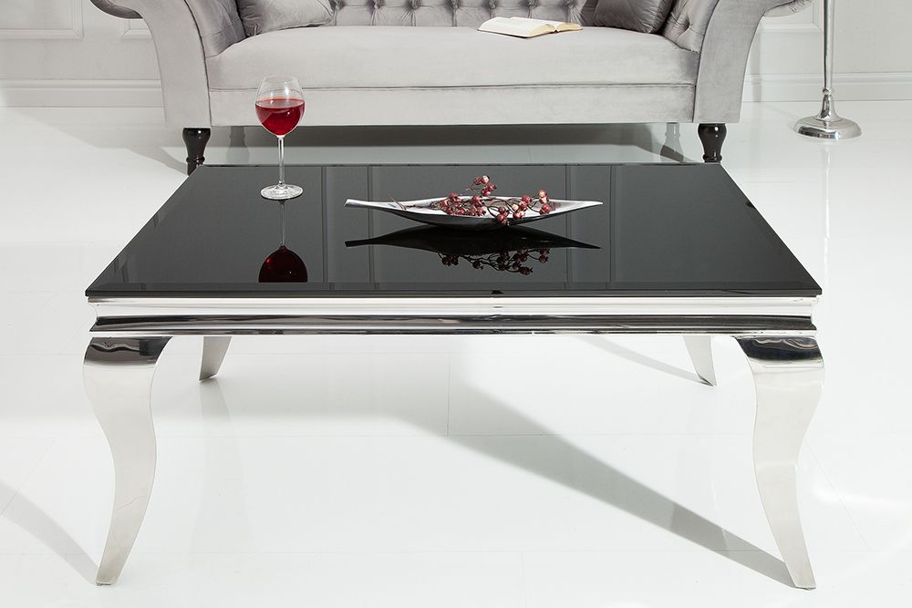 Eleganter Couchtisch MODERN BAROCK 100cm silber mit schwarzem Opalglas