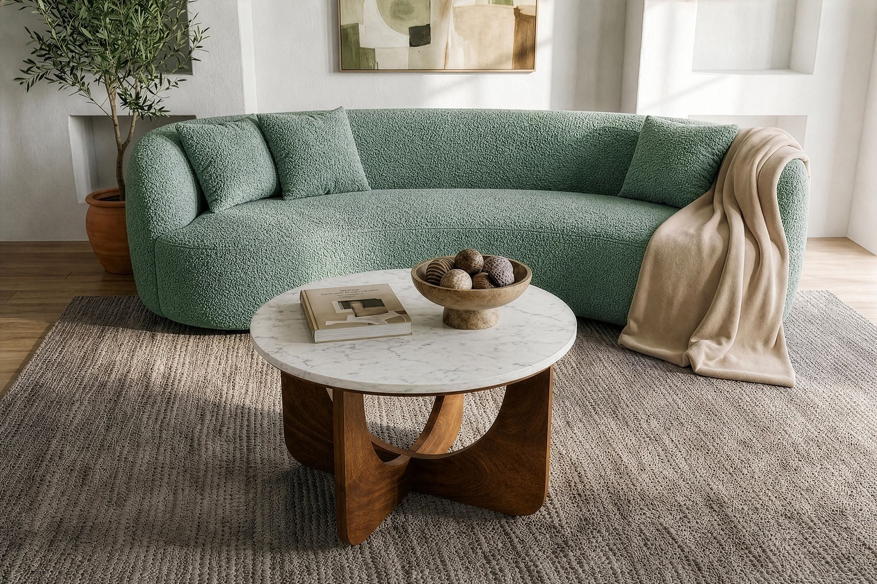 Organisches Sofa ATELIER 230cm salbei Bouclé 3-Sitzer Couch inkl. Kissen