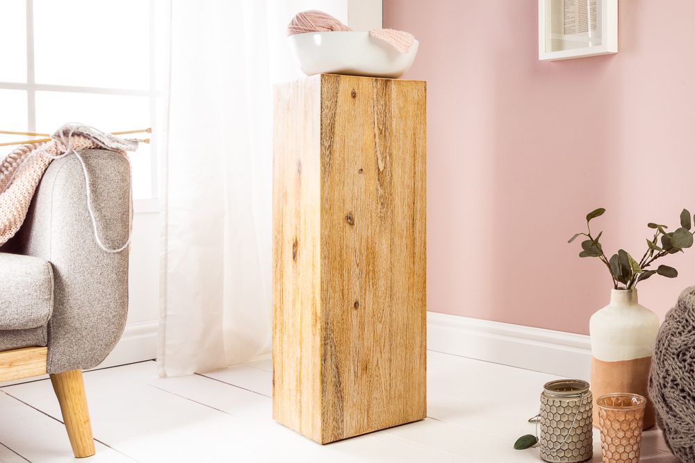Massivholz Dekosäule COLUMNA 75cm Akazie teakgrau gekälkt Beistelltisch
