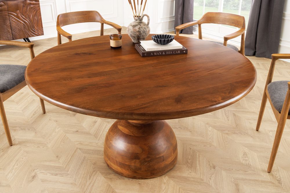 Massiver Esstisch MAESTRO 130cm braun Mangoholz rund mit Säulenfuß