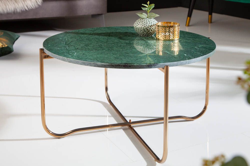 Runder Couchtisch NOBLE 65cm grün Marmor abnehmbare Tischplatte klappbar gold Metall
