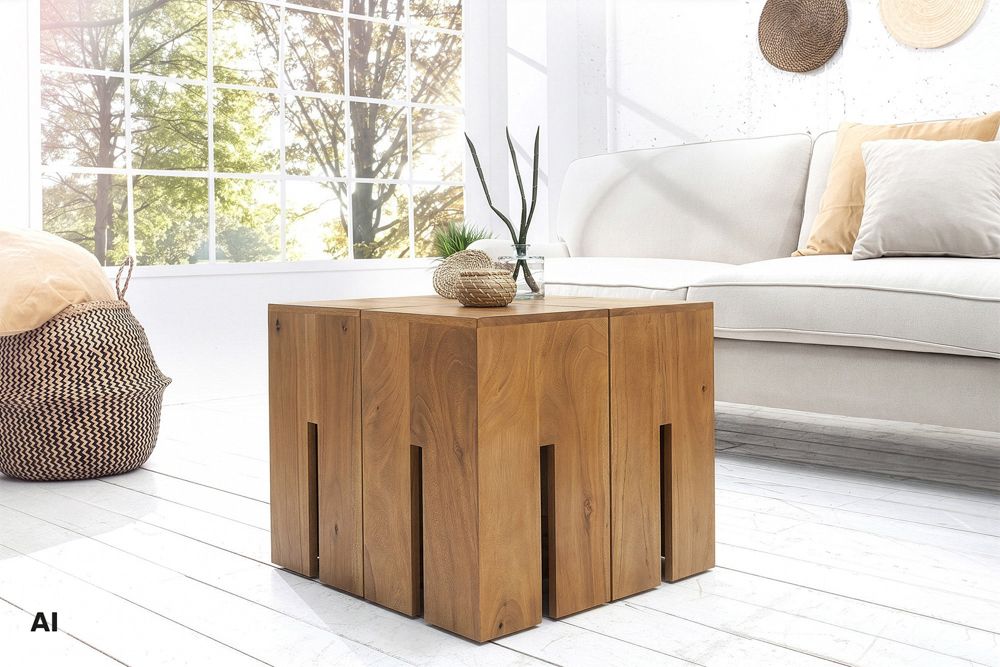 Design Beistelltisch CASTLE 45cm braun honey finish massives Mangoholz handmade