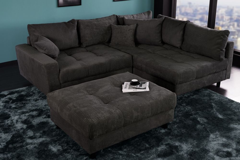Modernes Ecksofa KENT 220cm dunkelgrau Cord inklusive Hocker Federkern Wohnlandschaft