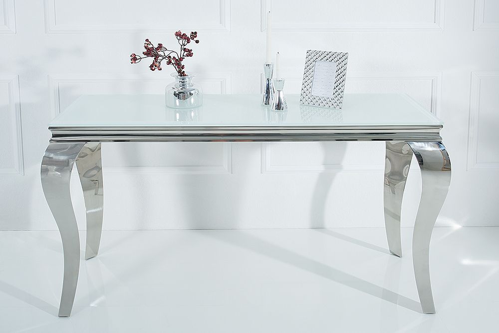 Eleganter Konsolentisch MODERN BAROCK 145cm weiß Edelstahlbeine Opalglas