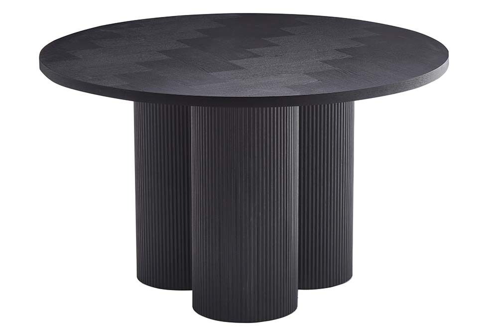 Design Esstisch BABYLON 120cm schwarz Fischgrät Eiche rund mit drei Säulenfüßen