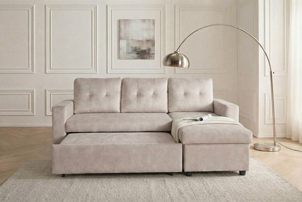 Ecksofa mit Schlaffunktion APARTMENT beidseitig aufbaubar champagner beige Samt inkl. Stauraum