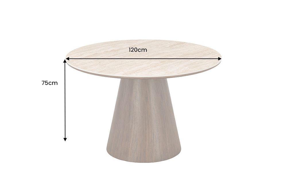 Runder Esstisch UNIQUE 120cm braun natur Walnussholz Travertin Keramik Säulenfuß