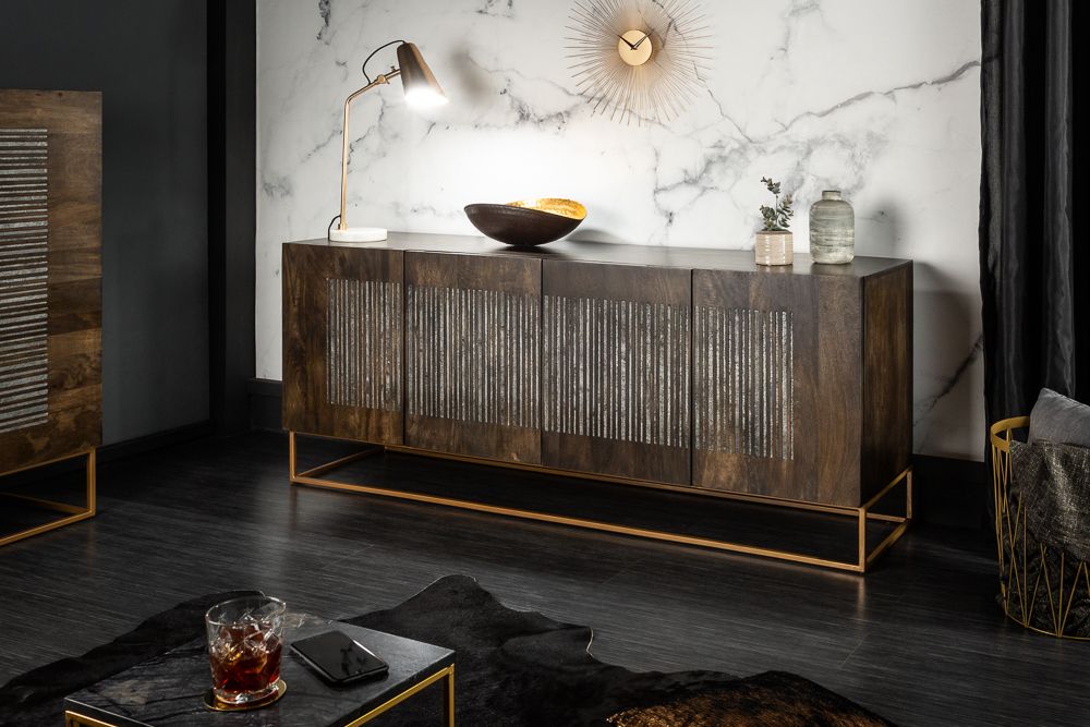 Massives Sideboard ONYX 180cm dunkelbraun Mangoholz Edelstein Achat gold Metallgestell