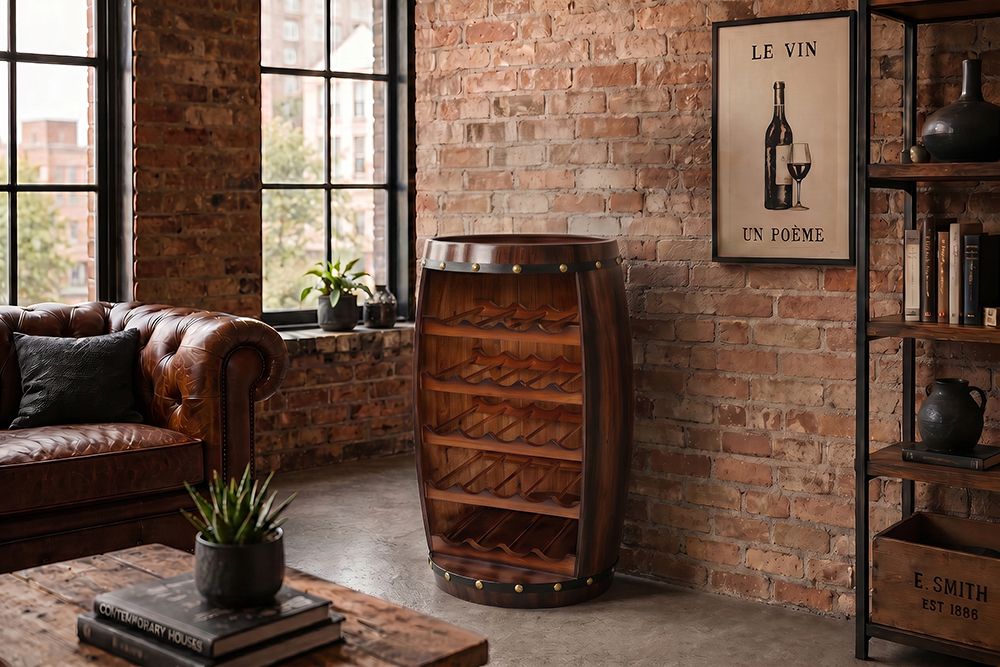 Massives Weinregal BODEGA 80cm coffee braun Pinie Fass-Bartisch für 23 Flaschen