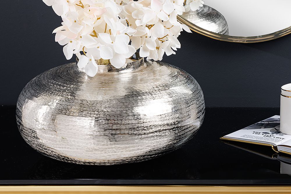 Moderne Deko Vase ABSTRACT ORIENT 35cm silber rund Metall Hammerschlag-Design