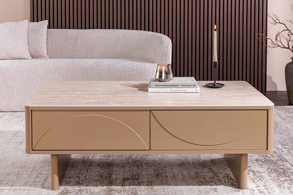 Design Couchtisch SAVOY 120cm grau beige greige Keramik Travertin mit Schublade