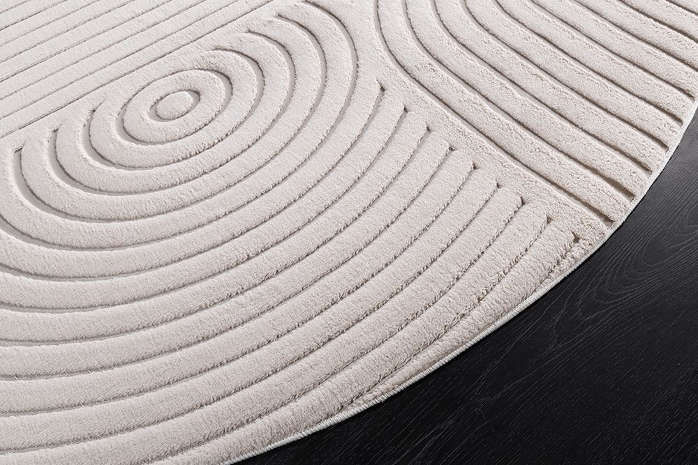 Runder 3D strukturierter Kurzflor Teppich ART DECO 230cm beige creme Hoch-Tief-Effekt