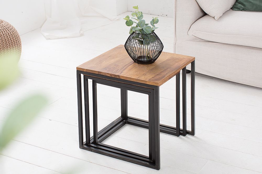 3er Set Beistelltisch ELEMENTS 40cm braun Sheesham Massivholz stone finish Metall