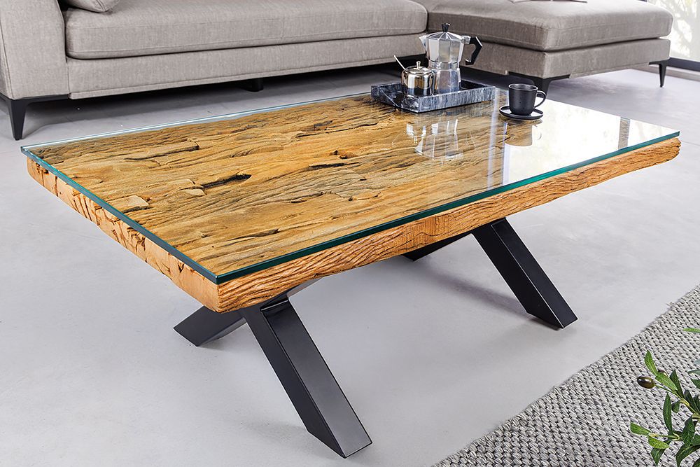 Massiver Couchtisch BARRACUDA 110cm antik natur Teakholz X-Gestell Glasplatte