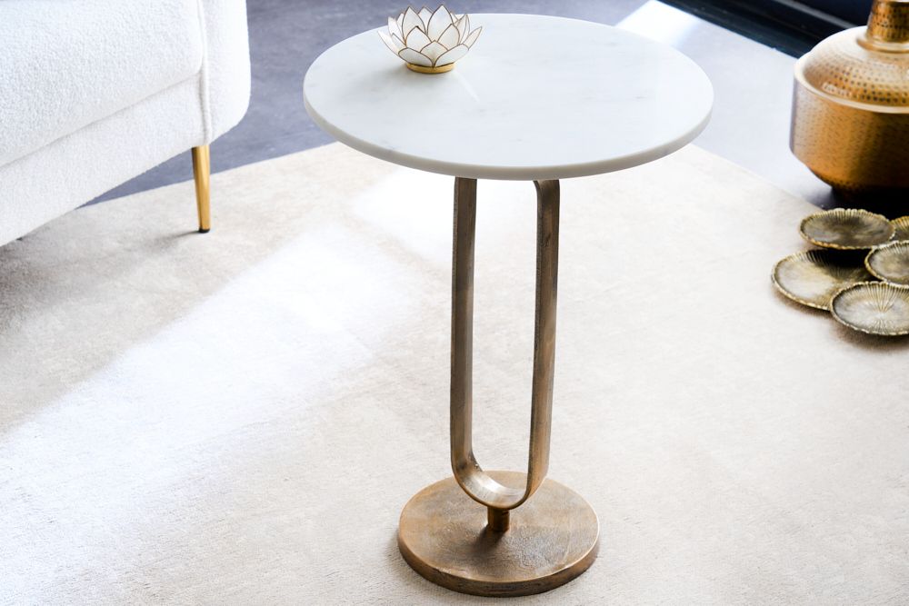 Runder Beistelltisch ELEGANCE 60cm weiß gold antik Marmor Metall Aluminium handmade