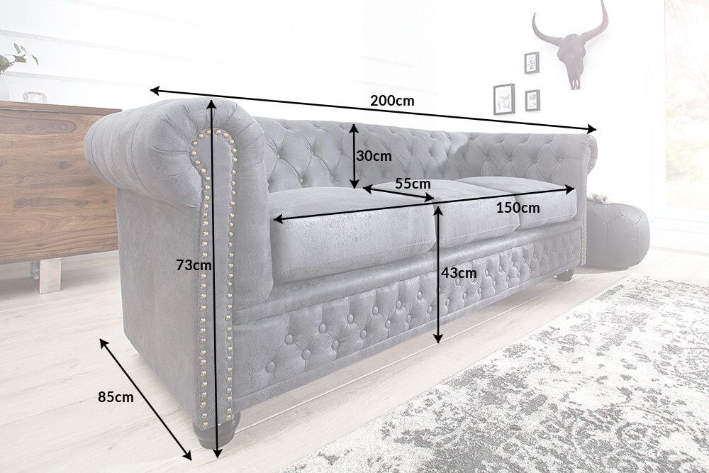 Design 3er Sofa CHESTERFIELD 200cm antik grau Federkern 3-Sitzer Loungesofa