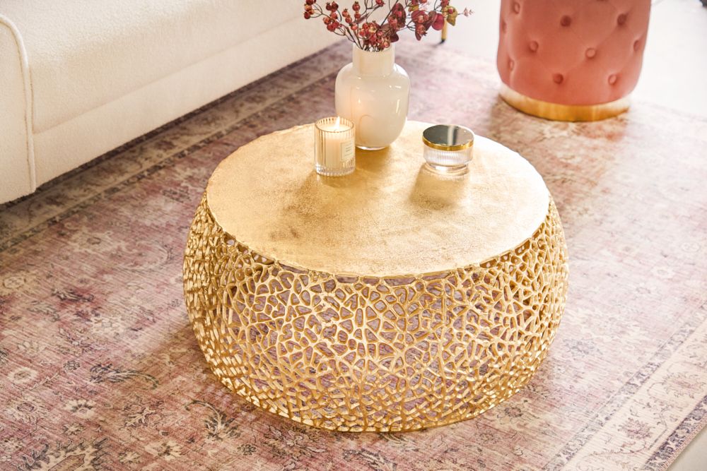 Runder Couchtisch ABSTRACT LEAF 75cm gold Metall filigrane Handarbeit Vintage Design