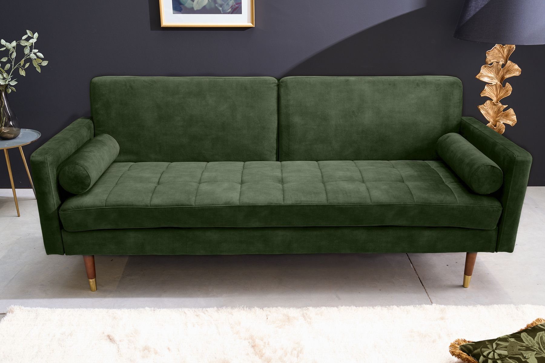 Modernes Schlafsofa COUTURE 200cm grün Microvelours 3-Sitzer Couch mit Schlaffunktion