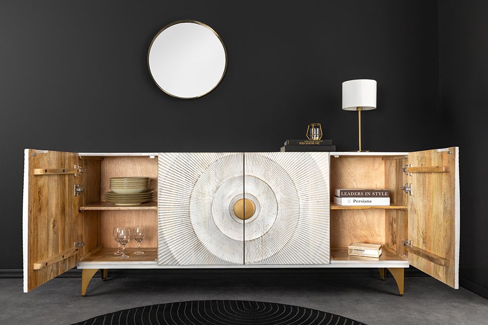 Handgearbeitetes Sideboard GOLDEN SUNSET 180cm weiß gold Mangoholz Metallbeine