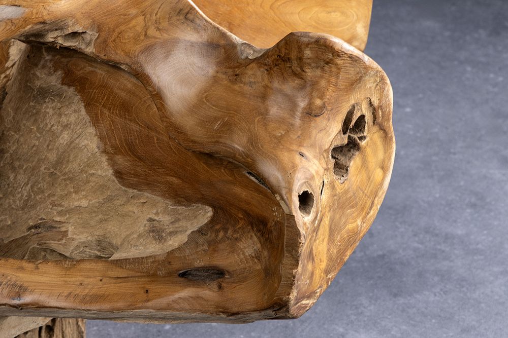 Runder Couchtisch ROOT 100cm natur Teak Massivholz aus Wurzelholz mit Glasplatte