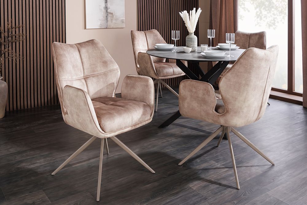 Drehbarer Design Stuhl CONCORD champagner greige Samt Taschenfederkern Metallgestell greige