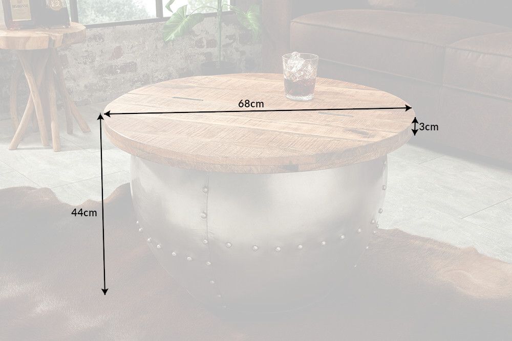 Runder Couchtisch DRUMP STORAGE 70cm natur silber Mangoholz mit Stauraum handmade Industrial