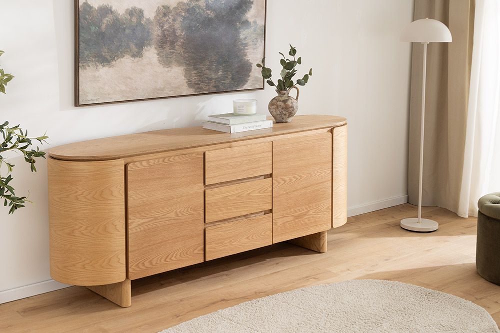 Modernes Sideboard OAK GRAIN 160cm natur Eichenholz vier Fächer mit drei Schubladen