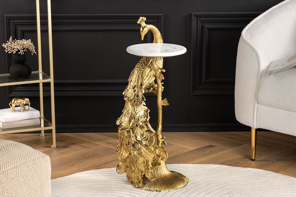 Runder Beistelltisch WILDLIFE PEACOCK 75cm gold antik weiß Metall Marmor Pfauen-Skulptur
