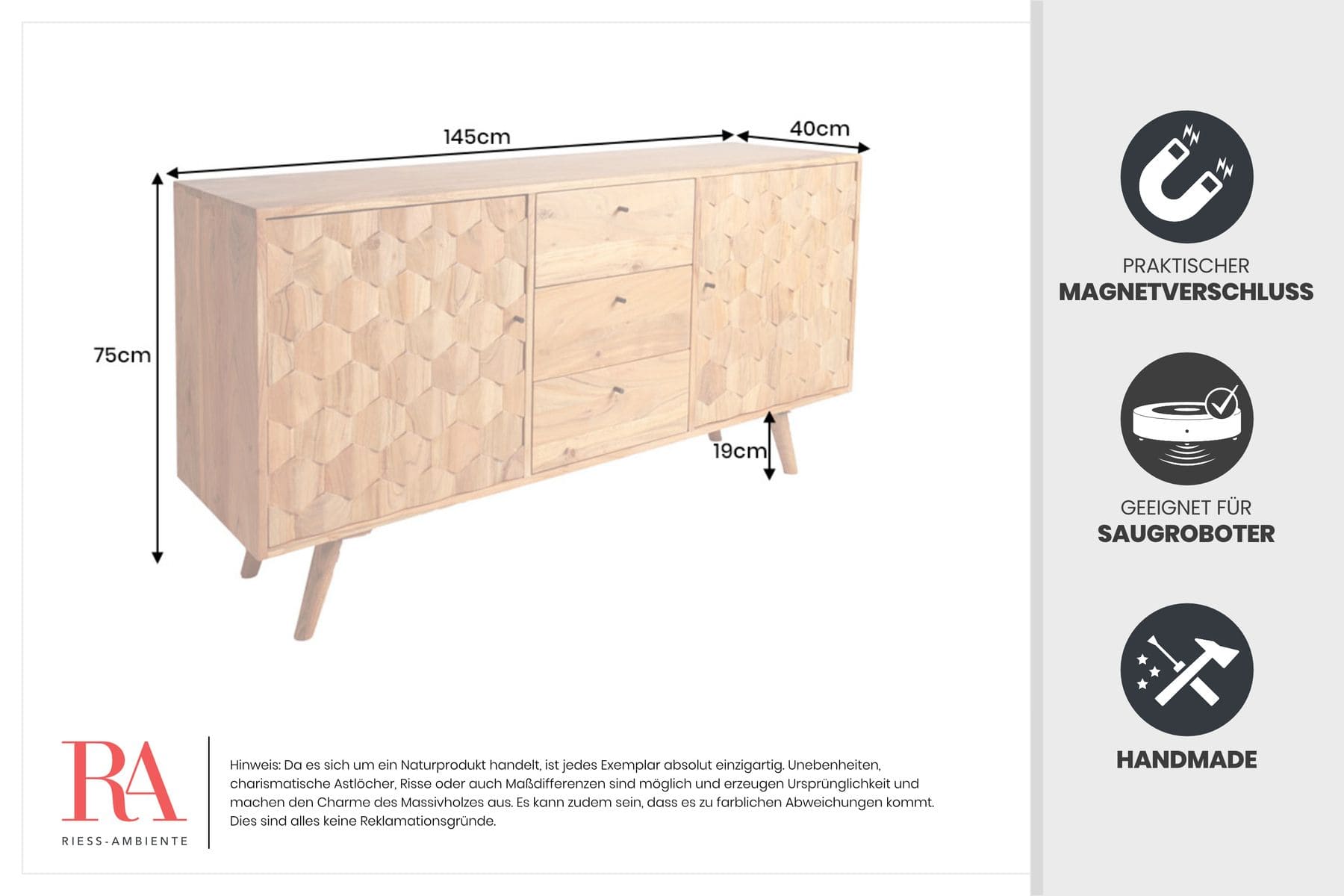 Massivholz Sideboard MYSTIC LIVING 145cm Akazie natur Kommode mit Schubladen 3D-Design