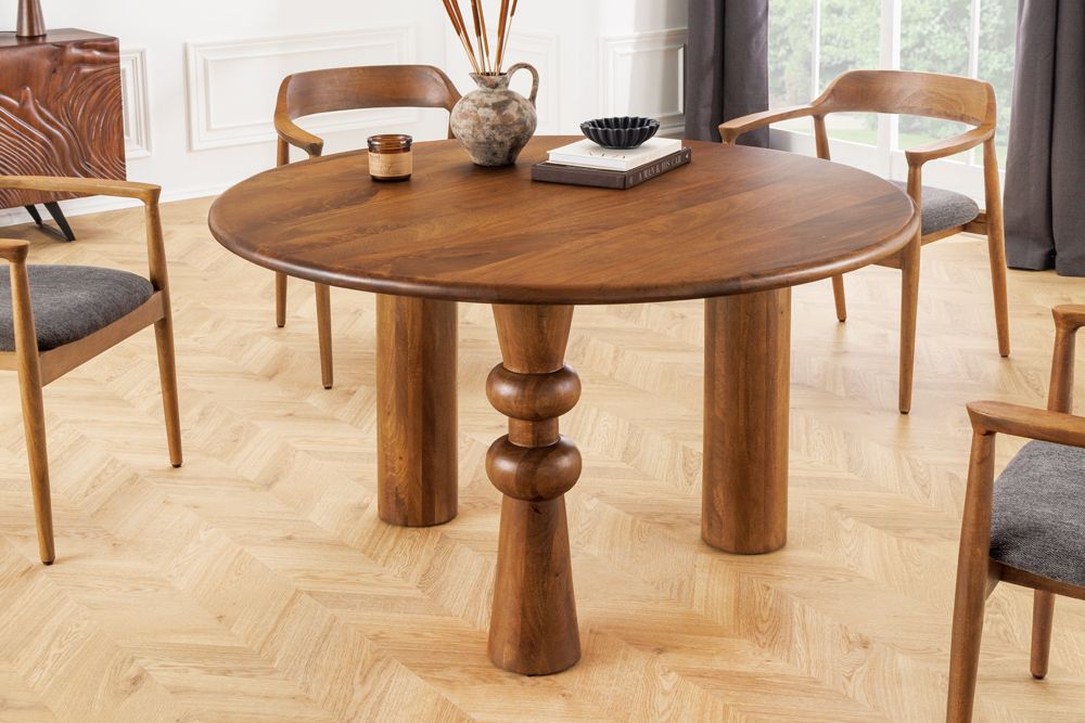 Runder Esstisch ARTE 120cm braun Mangoholz massiv mit markantem Gestell