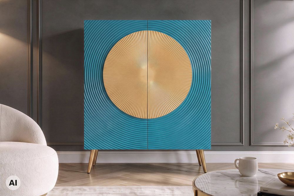 Massives Highboard AURUM 120cm türkis Mangoholz mit ikonischem Gold-Element
