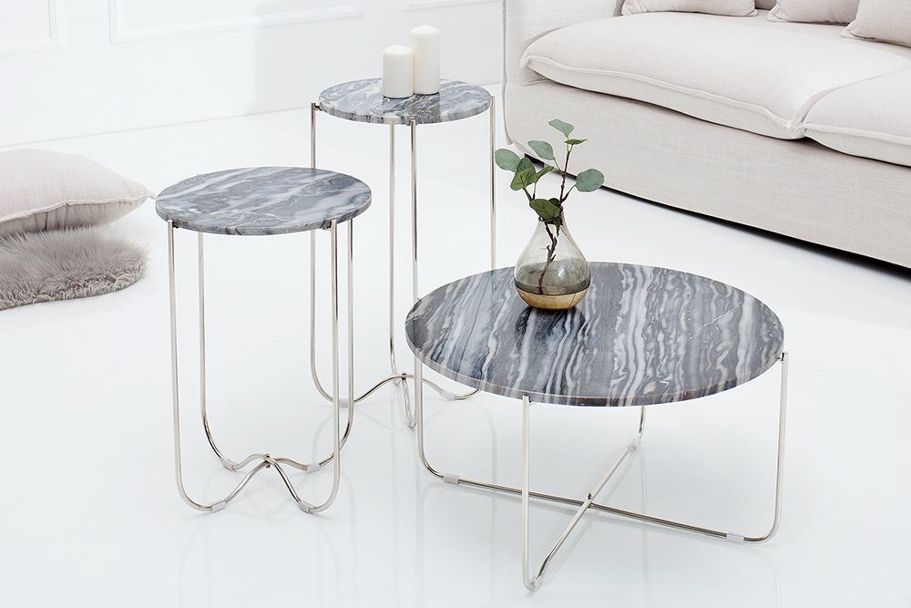 Exklusiver Couchtisch NOBLE 65cm grau echter Marmor rund silber Metall