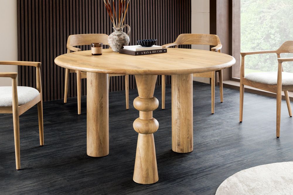 Runder Esstisch ARTE 120cm kaschmir beige finish Mangoholz massiv mit markantem Gestell