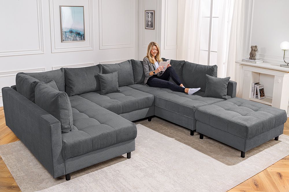 Moderne XXL Wohnlandschaft KENT 305cm anthrazit Cord Bigsofa inkl. Hocker Federkern