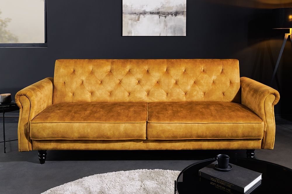 3-Sitzer Sofa MAISON BELLE AFFAIRE 220cm senfgelb Samt mit Schlaffunktion