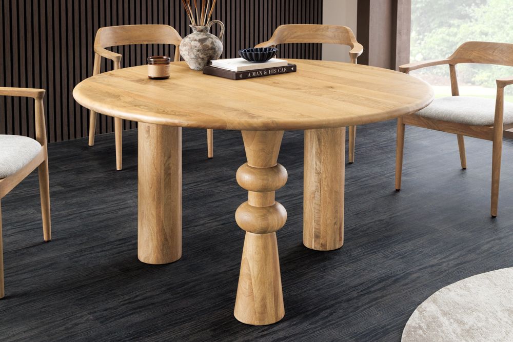 Runder Esstisch ARTE 120cm kaschmir beige finish Mangoholz massiv mit markantem Gestell