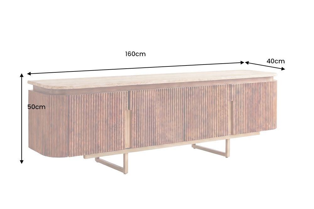 Design TV-Board GATSBY 160cm braun gold Mangoholz mit Travertin Metallgestell