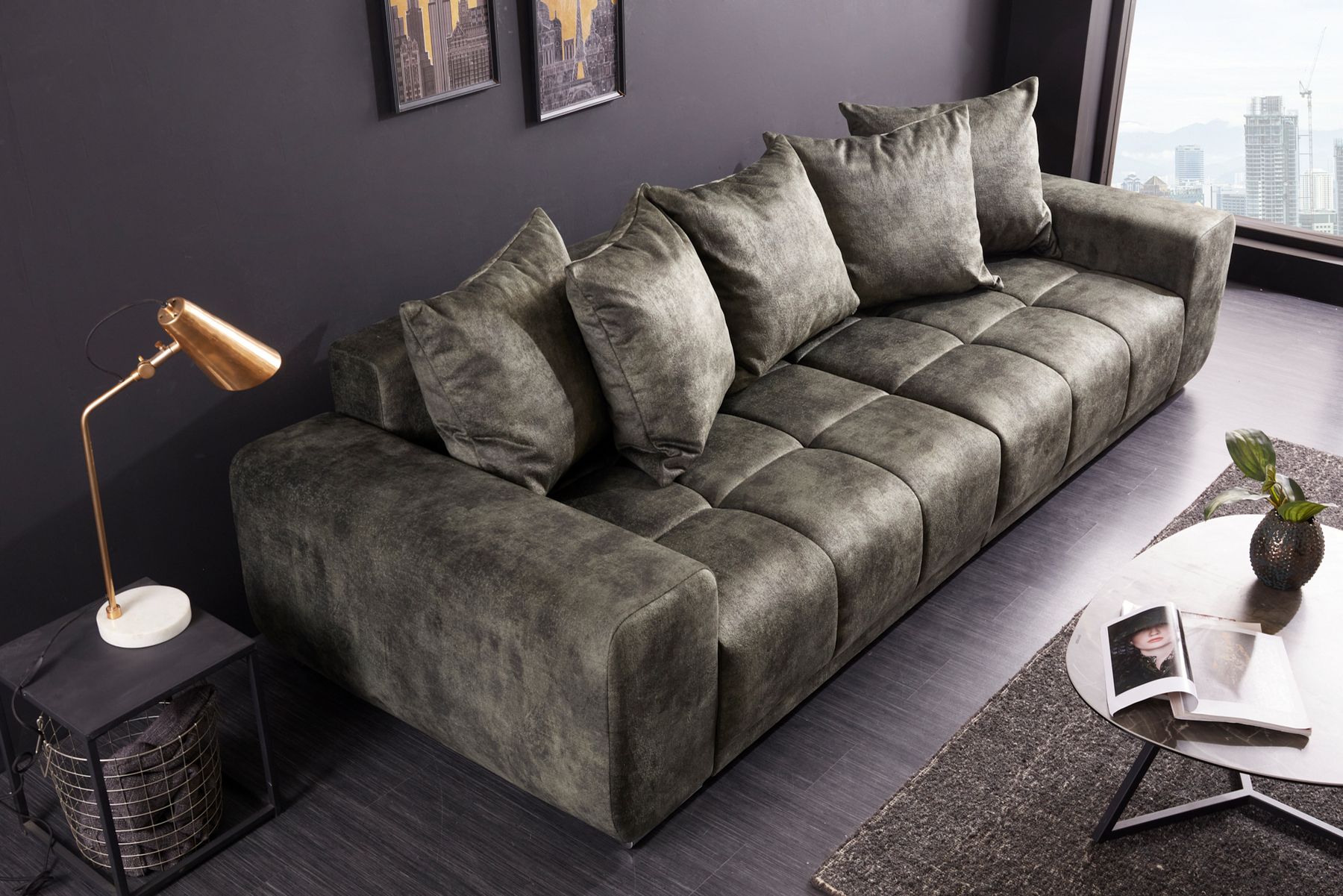 Big Sofa ELEGANCIA 285cm moosgrün Microfaser XXL Couch inkl. Kissen Federkern