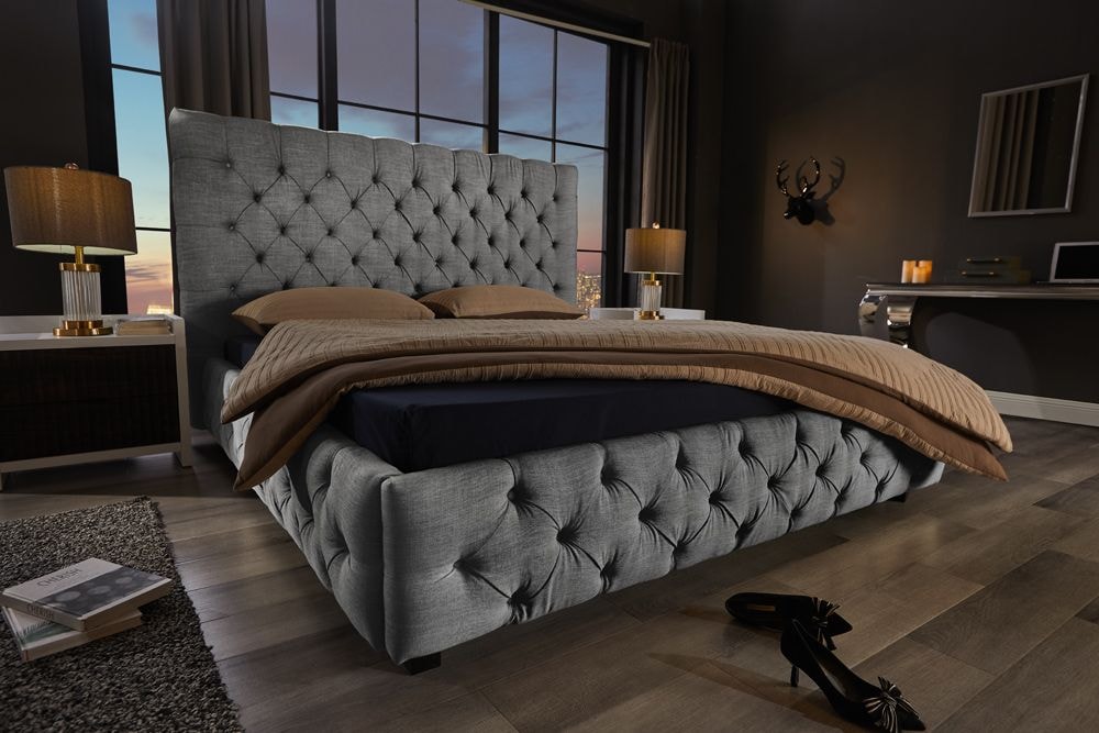 Design Boxbett PARIS 180x200cm grau Leinen Chesterfield Doppelbett