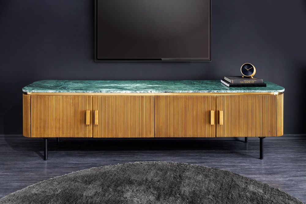 Design TV-Board VENEZIANO 160cm messing grün Marmorplatte Mangoholz Retro
