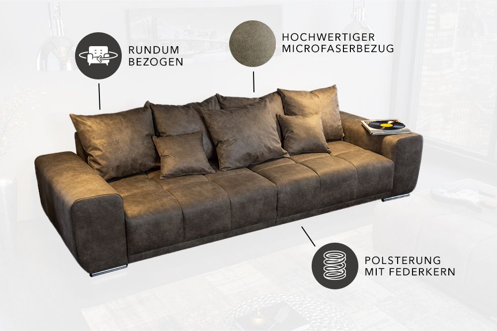 Big Sofa ELEGANCIA 285cm taupe Microfaser XXL Couch inkl. Kissen Federkern