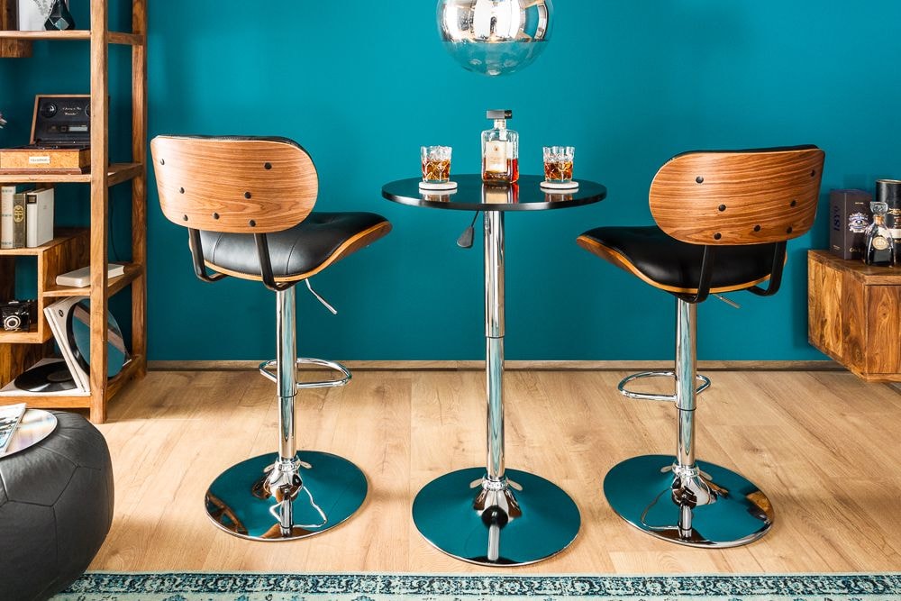 Retro Barhocker CLASSICO schwarz 115cm höhenverstellbar mit Lehne Walnussholz-Design