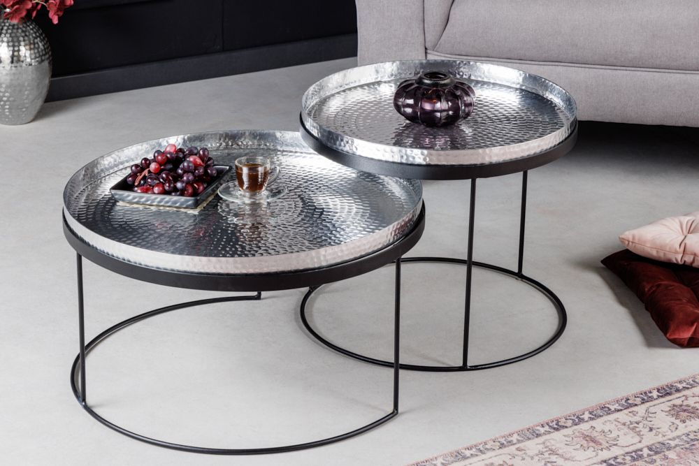 2er Set Runde Couchtische ELEMENTS 60cm silber schwarz Metall Tabletttisch Beistelltisch