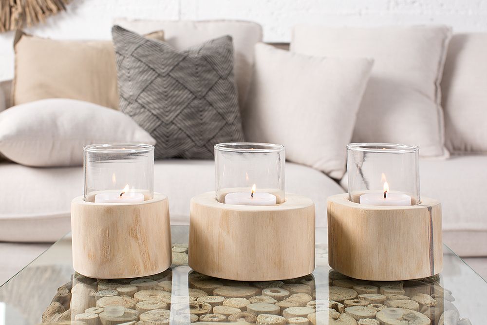 Elegantes 3er Set Windlicht LIMOTION Teakholz Outdoor Teelicht Kerzenhalter