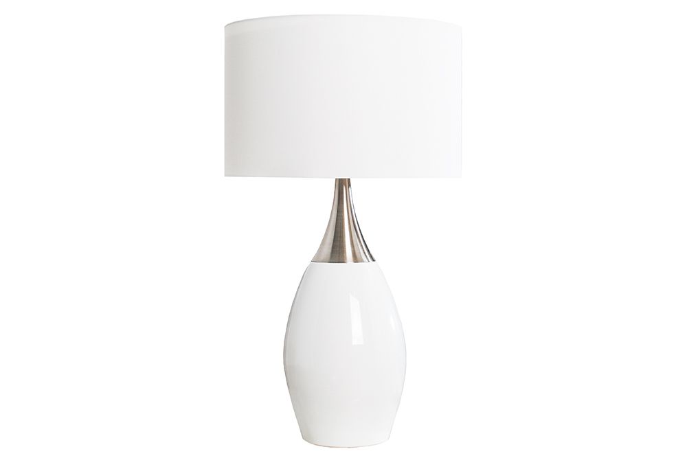 Moderne Tischlampe CARLA 60cm weiß silber mit Leinenschirm