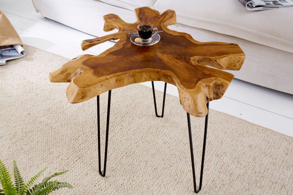 Einzigartiger Beistelltisch WILD 60cm Teakholz Baumscheibe Couchtisch
